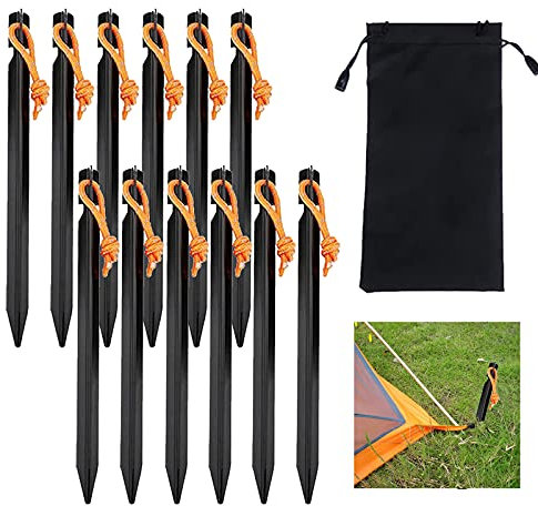 Camping Heringe, 12 Stück Metall Heringe Erdnägel Aluminium Zeltheringe Legierung Zelt Stakes Pegs Heringe Schwarz Zelthaken Sandheringe mit Reflektierende Seil für Camping Strand