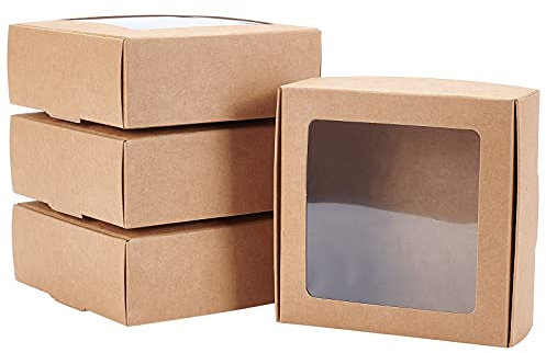 BENECREAT 20PCS 95x95x33mm boîtes de papier kraft marron carrées avec fenêtres transparentes pour les friandises, la boulangerie et l'emballage de bijoux
