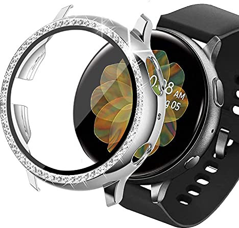 Miimall Compatibile con Samsung Galaxy Watch Active 2 44 mm custodia con pellicola protettiva in vetro temperato HD, telaio protettivo rigido in policarbonato con diamanti di cristallo per Galaxy