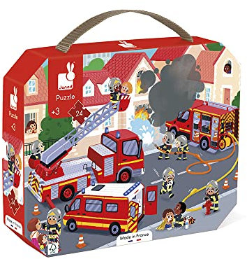 Janod - Kinderpuzzle Feuerwehr 24 Teile - Lernspiel Feinmotorik und Konzentration - Koffer mit Griff - FSC-zertifiziert - Pflanzenfarbe - Ab 3 Jahren, J02605