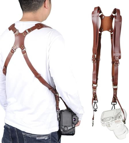KEESIN Accessoires de Courroie d'Appareil Photo pour Deux Appareils Photo, Courroie d'Appareil Photo en Cuir Réglable, Harnais en Cuir à Double Bandoulière Accessoires d'Appareil Photo pour DSLR/SLR