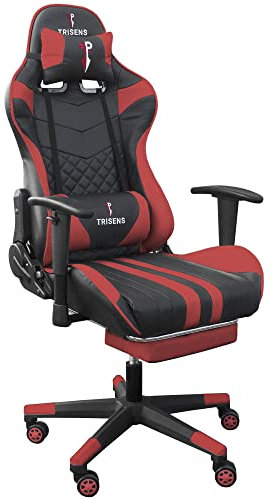 TRISENS Gaming Stuhl im Racing Design in Lederoptik Bürostuhl mit flexiblen Armlehnen ergonomischer Schreibtischstuhl, Nackenkissen und Fußstütze, Farbe:Schwarz/Rot