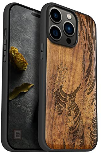 Carveit Handyhülle für iPhone 14 Pro Max Cover Kompatibel Magsafe [Holz und TPU Silikon Hybrid hülle] Magnetisch Hull für Apple 14 pro max Case Holzdesign（Nussbaum-Die große Welle vor Kanagawa）
