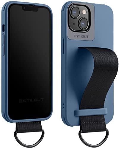 STILGUT Case Compatible with iPhone 14 (6.1 Inch) Mobile Phone Case with Finger Holder, TPU Case with Nylon Hand Strap, Cover with Strap, Blue