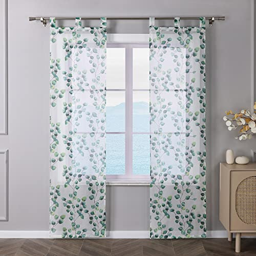 ESLIR 2er Set Flächenvorhänge Schiebegardinen Voile Gardinen mit Schlaufen Landhaus Schiebevorhang Transparent Vorhang Wohnzimmer Grün BxH 57x175cm 2 Stück