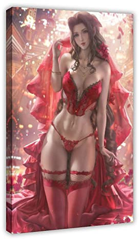 FISH DRAGATE Aerith rotes Kleid Dessous Anime Mädchen Kawaii Leinwand Poster Schlafzimmer Dekor Sport Landschaft Büro Zimmer Dekor Geschenkrahmen Stil 50 x 75 cm
