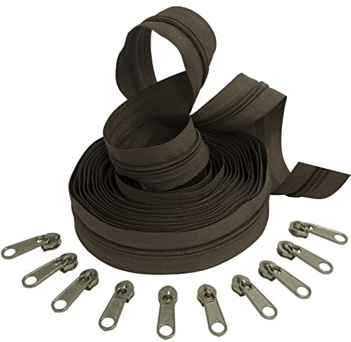 Aerzetix - C62742x5-C62791x10 - Kit di Cerniera Lampo Spirale 5m N°5 Colore: Moka + 10 cursori N°5 Non bloccabile Colore: Argento - in Nylon/Metallo - merceria