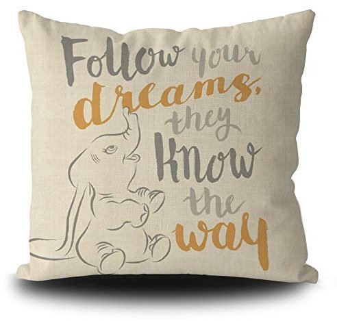 Kissenbezug Follow Your Dreams, Dumbo-Deko-Kissenbezug für Urlaub, Sofa, Bett, quadratisch, Leinen, 45 x 45 cm