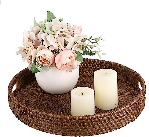 IGNPION Rattan Serving Tray 30cm Decorative Display Trays Table Storage Tray with Handle Desktop Organiser Trays for Tableware,Makeup,Vanity,Jewelry,Candle, Ornament(Brown)