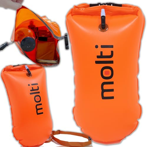 molti 2in1 aufblasbare Schwimmboje und Trockensack 15L 28L Pull Boje für Erwachsene Baywatch Boje Orange Sicherheit beim Schwimmen Open Water und Triathlon (BA001, Orange, 28 L)