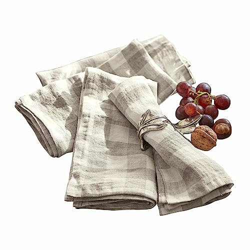 LOBERON Serviette 4er Set Esperance, klassische Vichy-Karos, zeitloses Design, wiederverwendbar, Tischdeko, Tischwäsche, Leinen, beige/weiß