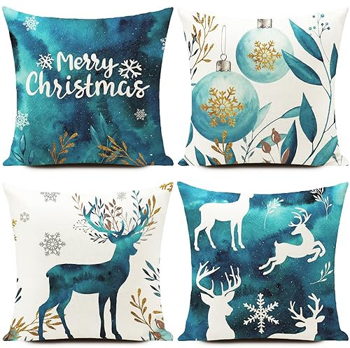 HUASHUZI Weihnachtskissen Kissenbezug 40 x 40 cm Hirsch Weihnachten Weihnachtsdeko Weihnachtskissenbezug Christmas Decorations Weihnachtsfeier 4er Set