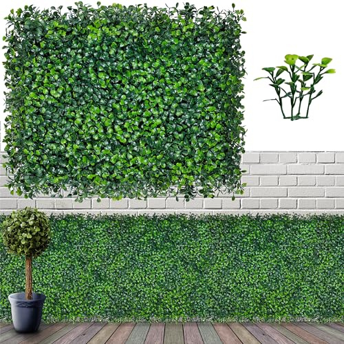 ODTORY Panneaux de toile de fond murale en buis avec gazon artificiel, 40,6 | Haie de buis synthétique anti-UV, 4 couches de feuilles, brise-vue pour jardin/arrière-cour/balcon, décoration murale
