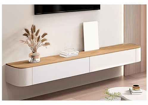 Meuble TV en Bois, Console TV Blanche avec Tiroirs, Étagère Flottante pour Salon, Table TV pour Centre De Divertissement avec Rangement, Support TV Long À Montage Mural (Color : Natural, S : 120cm)