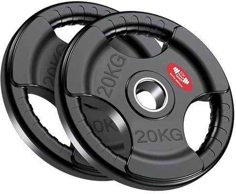 FK Sports Olympic Weight plates Rubber Coated Cast Iron Weights, 2 Inch opening, 2.5kg, 5kg, 10kg, 15kg, 20kg, 25kg, Black Tri grip Barbell Plates, Weight Plates for 2 barbell, Sold in Pair (20 kg)