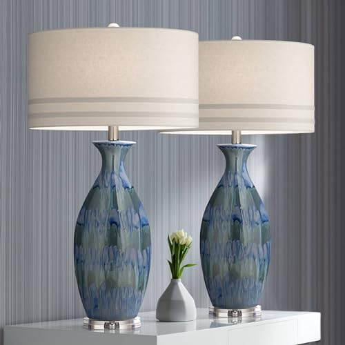 Possini Euro Design Annette 38 Tall Large Modern Coastal End Table Lamps Set of 2 Blue Drip Finish Ceramic Off-White Shade Living Room Bedroom Bedside Nightstand House Office Home (Colors May Vary)