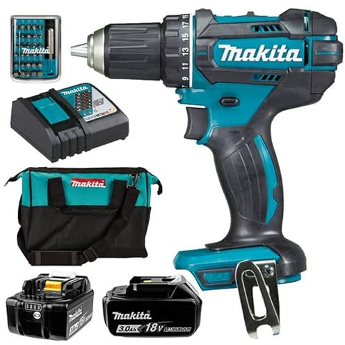Makita 18 V LXT Makita DDF482 Bohrschrauber + Ladegerät + 2 Bat. 3 Ah + 18 Schraubendreher-Bits + Tasche
