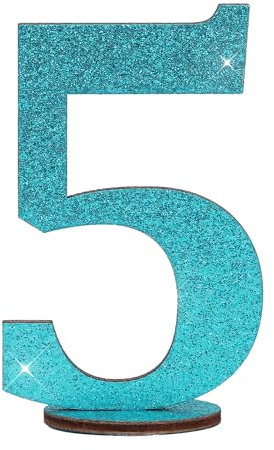 Oblique Unique® Zahlen Holz Aufsteller Türkis mit Glitzer Dekoration für Geburtstag Jubiläum Deko Tischdeko Torten Deko (Zahl 5)