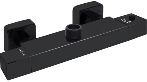 Ronvie Thermostatic Shower Mixer Bar - Two Outlet Wall-Mounted Brass Valve, 38°C Safety Lock & Cool Touch Surface with 3/4 G Top & 1/2 G Bottom BSP Connections, Matt Black (Square)