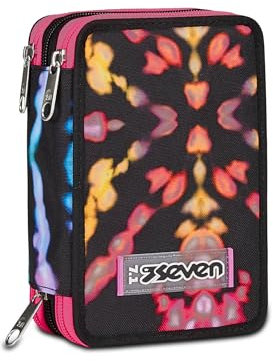 Seven Federmäppchen, Mäppchen, Mehrfarbig, Federtasche für Schreibwaren, Etui mit Stiften, Kugelschreiber, & mehr, 3 Fächer, Mädchen & Jungen, Schule - Grundschule, schwarz rosa
