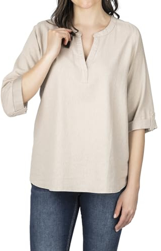 DENIMFY Leinenbluse Damen Sommer leicht Regular Fit DFSara Leinen Bluse 3/4 Arm V-Ausschnitt Blusenshirt Oberteile Einfarbig Beige M, Größe:M, Farben:Light Sand