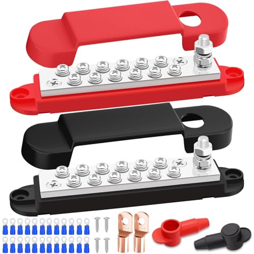 Aienxn Marine Bus Bar 12V 150A 1/4 Stud Power Distribution Block, Buckle Designed Bottom Battery Busbar, Automotive Buss Bar 12v for Car, Boat and Solar Wiring (Black+Red)