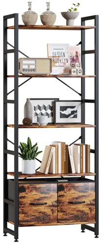 TREETALK 5 Tier Bookshelf,Tall Bookcase with 2 Fabric Drawers, Industrial Display Standing Shelf Units with 2 X-shape Frame, Storage Rack for Living Room,Bedroom, Home Office (Rustic Brown)