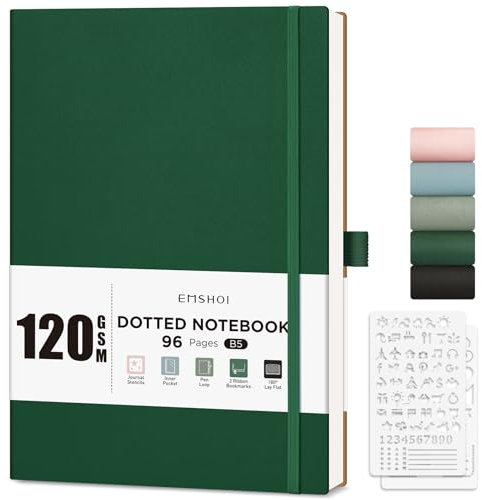 EMSHOI Diario punteggiato B5, carta spessa 120 g/m², 19,5 x 25,5 cm, grande griglia a pois, per bullet journaling con 96 pagine, stencil, copertina morbida in pelle, tasca interna, verde scuro