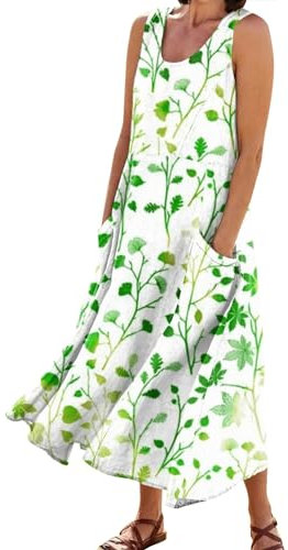 Kleid Damen Elegant Maxikleid Damen Sommer Freizeit Swing Strandkleider Mit Taschen Sommerkleider Boho Kleidung Damen Dress Sommerkleid Damen Lang Cocktailkleid Damen Elegant（4-Green,L）
