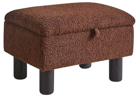 Aibiju Footstool with Storage, Small Rectangle Ottoman with Padded Seat Pine Wood Legs,Faux Teddy Fur Sofa Footrest Extra Seating for Living Room Bedroom Entryway Office, Brown YD-JD136B