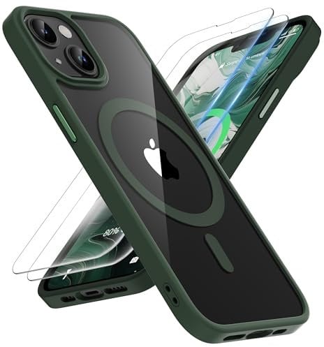 ORETECH Designed for iPhone 13 Case, iPhone 14 Clear Case Magnetic Compatible with Magsafe and 2 x Screen Protector Anti Yellowing Ultra Slim Thin Shockproof Clear Back Phone Case Cover 6.1'' - Green