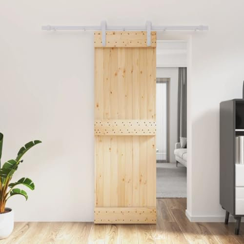 Gecheer Set Porta,Scorrevole,del Granaio,con Kit Binario,Se Hardware,Ferramenta,in Legno di Pino,Bianco e Naturale,70x210 cm,Binario 183 cm,B,Porta del Granaio Sorrevole con Kit Binario