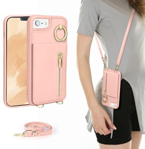 Jcxtrombulous Hülle für iPhone 7/8/SE2020/SE2022 Hülle Stoßfeste Handyhülle RFID Reißverschluss Geldbörse Etui mit Kartenfach mit Band Ring Ständer Case für Frauen-Roségold