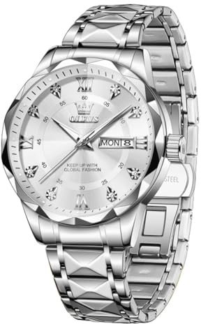 OLEVS Herren Uhr Klassisches Silber Großes Zifferblatt Diamanten Herrenuhr Stilvolle Edelstahl Band Analoger Quarz Armbanduhr Herren Lässig Römische Ziffern Mit Datum Wasserdicht Herrenuhren