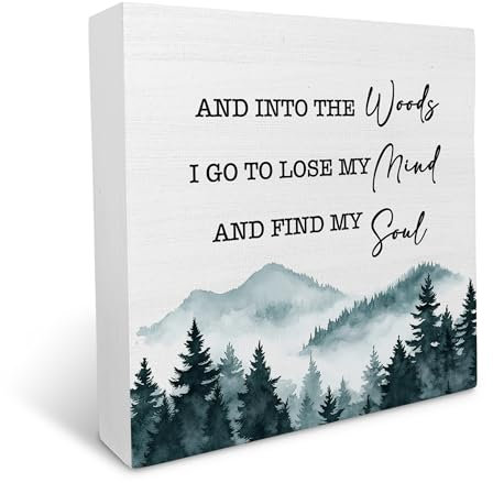 Ku-Dayi Camping-Holzkistenschild, Natur-Berg-Holzkisten-Dekorationen für Heimbüro, Camper-Zubehör, Forest Into the Woods I Go to Lose My Mind, Holzblock, Schild, Schreibtischregal, Dekoration, 12,7 x