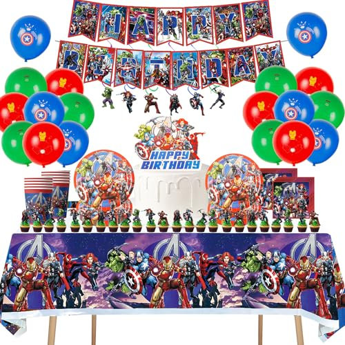 Juego de vajilla de fiesta de cumpleaños para niños, decoración de fiesta de superhéroes de Marvel, decoraciones de cumpleaños con pancarta, globos, mantel, platos, tazas, servilletas, decoración para