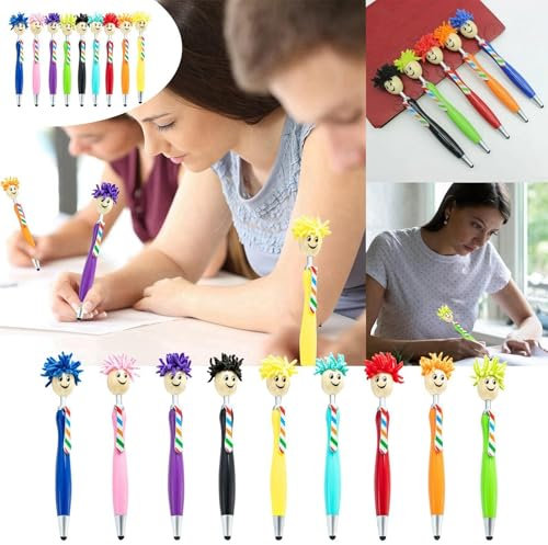 NJGRAE 9pcs Mop Head Ballpoint Pen Creative Writing Pen Doll Ballpoint Pens Cute Ballpoint Pen Doll Head Pen Funny Pens for Smile Face Topper Pen Funny Mop Head Pen Mop Pens Plastic