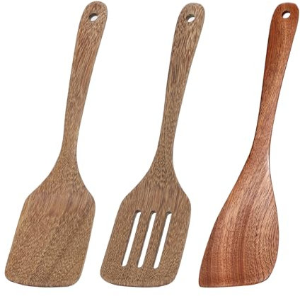 3 Pack Wooden Spatula for Cooking 12 Inches Paddle, Turner, Slotted Spatula, Cooking Utensils for Nonstick Cookware, Kitchen for Fish, Eggs, Pancakes