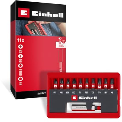 Einhell 11-tlg. Impact-Bit-Set, Pocket-Set | PH / PZ / T / H | 25-mm-Bits | manganphosphatierter S2-Stahl | Magnetbithalter | inkl. Kassette mit Aufstellfunktion