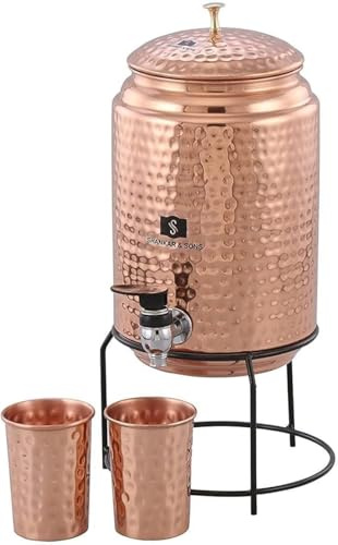 5-Liter-Kupfer-Wasserspender mit Ständer und 2 Gläsern/gehämmerte Textur, rostfrei & langlebig | mit zusätzlichen gesundheitlichen Vorteilen von Kupfer/gedruckter Designer-Spender (gehämmert)