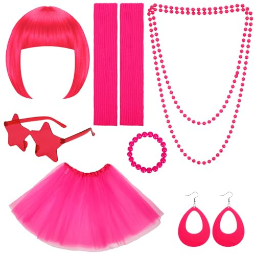 ViEinkaufen Lot de 9 déguisements années 80 pour femme, perruque rose bob, lunettes, tutu, jambières, collier, bracelet, boucles d'oreilles, accessoires pour fête à thème rétro, cosplay