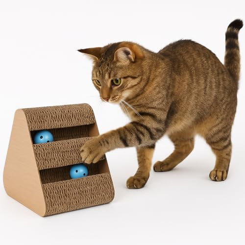 katzenspielzeug - kratzspielzeug Beli dreieck braun 20x24,5x24,5 cm - karton recycelbar - 3 Seiten - mit katzenminze - 2 glöckchenbälle - kratzbrett