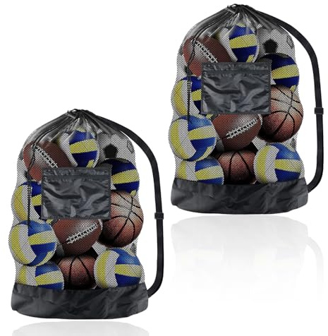 QKNOSM 2 Stück Extra Große Ballnetz, Fußball Balltasche für 8-15 Bälle mit Kordelzug und Schultergurt Große Tasche aus Netzgewebe Mehrzweck Sport Netztasche für Basketball Volleyball Rugbyball