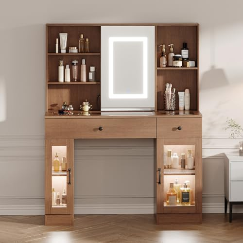 PortoAlegre LED Schminktisch mit Schiebespiegel & Glasplatte, Beleuchteter Kosmetiktisch inkl. 3-Farben-LED, Schubladen, Regenbogen-Vitrinen, USB/AC-Anschlüssen, kratzfestem Glas & MDF