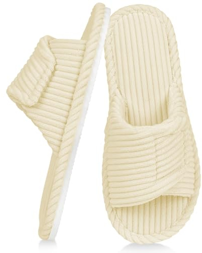 Alaoo Ladies House Slippers Memory Foam, Adjustable Hook and Loop Corduroy Womens Slippers, Open Toe Cosy Non Slip Indoor Outdoor Home Slipper
