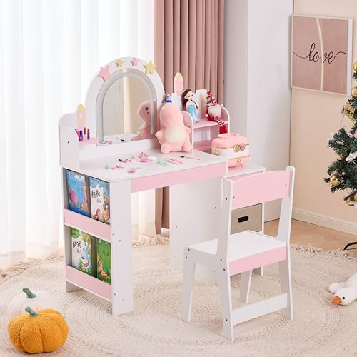 LALAHO Schminktisch Kinder mit Hocker Frisiertisch Kinderschminktisch für Mädchen aus Holz mit Beleuchtung, Spiegel, 5 Schubladen & Bücherregal，-Kosmetiktisch Set für ab 3 Jahren，(Weiß)