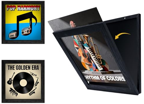 UXENI Set da 2 Porta Dischi in Vinile da Parete Espositore Album LP con Plexiglass HD Apribile Telaio in Legno Quadrato per Copertine 12 Pollici con Accessori di Montaggio