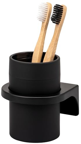 bremermann Zahnputzbecher Savona mit Soft-Touch Oberfläche, runder Becherhalter inkl. Wandhalterung zum Kleben oder Bohren, Zahnbürstenhalter aus Kunststoff (Schwarz)