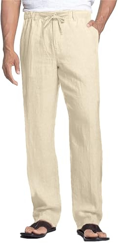 NANAMEEI Pantaloni estivi da uomo, in lino, leggeri, senza pieghe, con coulisse, S-3XL, beige., L