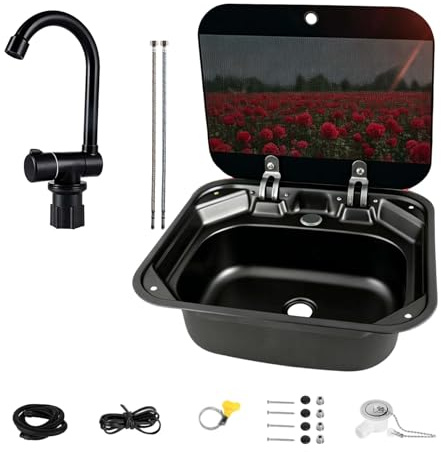 Fregadero de Cocina Multifuncional con Tapa Fregadero de Acero Inoxidable Resistente al Calor y Óxido, Grifo Plegable, Instalación Rápida para Caravana, Autocaravana, Barco y Cocina Doméstica